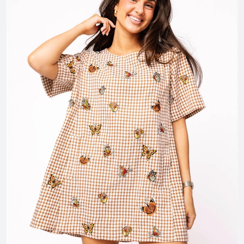 QUEEN OF SPARKLES Checkered Mini Dress with Butterfly Embroidery - Picture 4 of 4